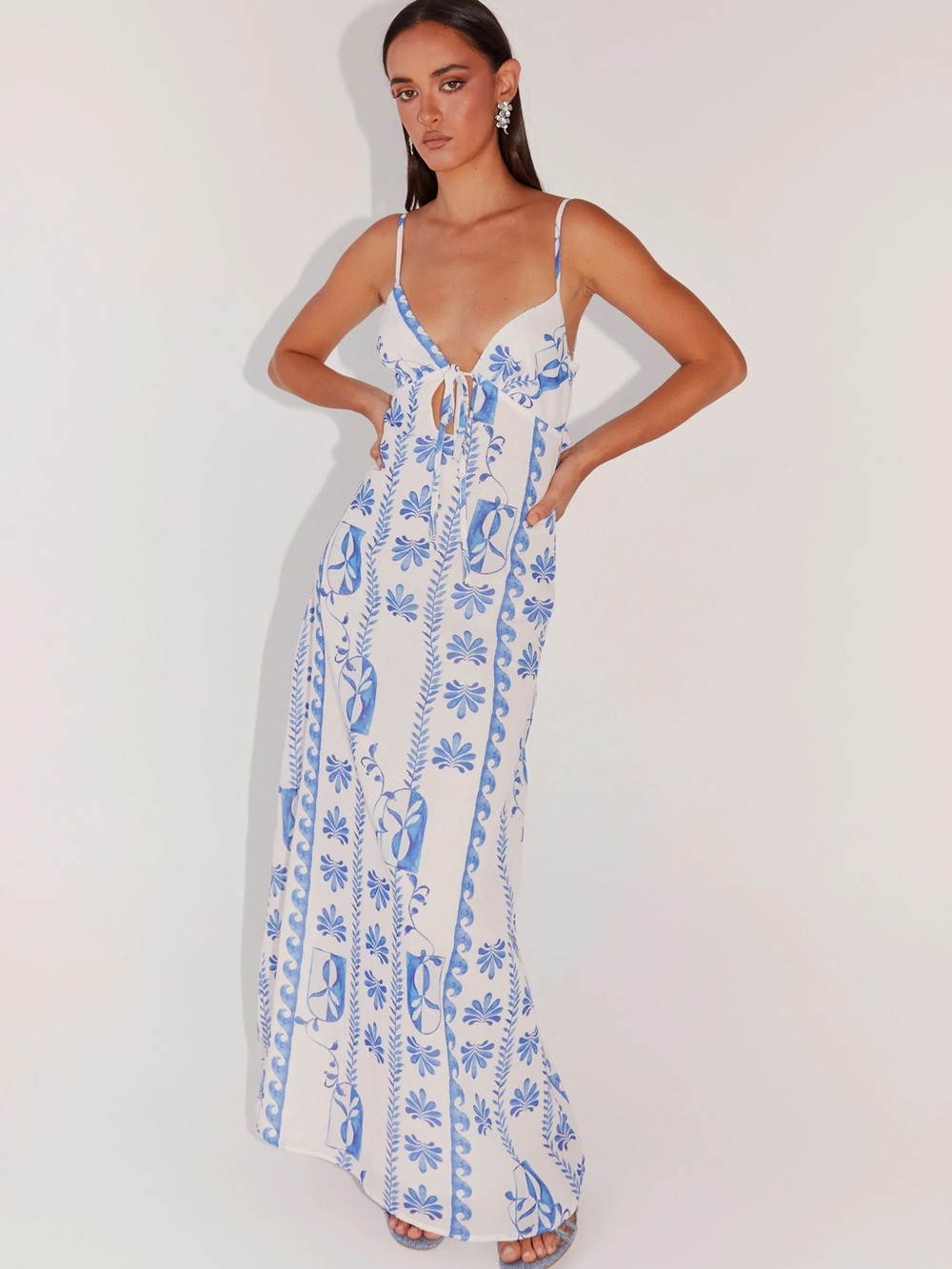 Peppermayo White and Blue Floral Tie-Front Maxi Dress